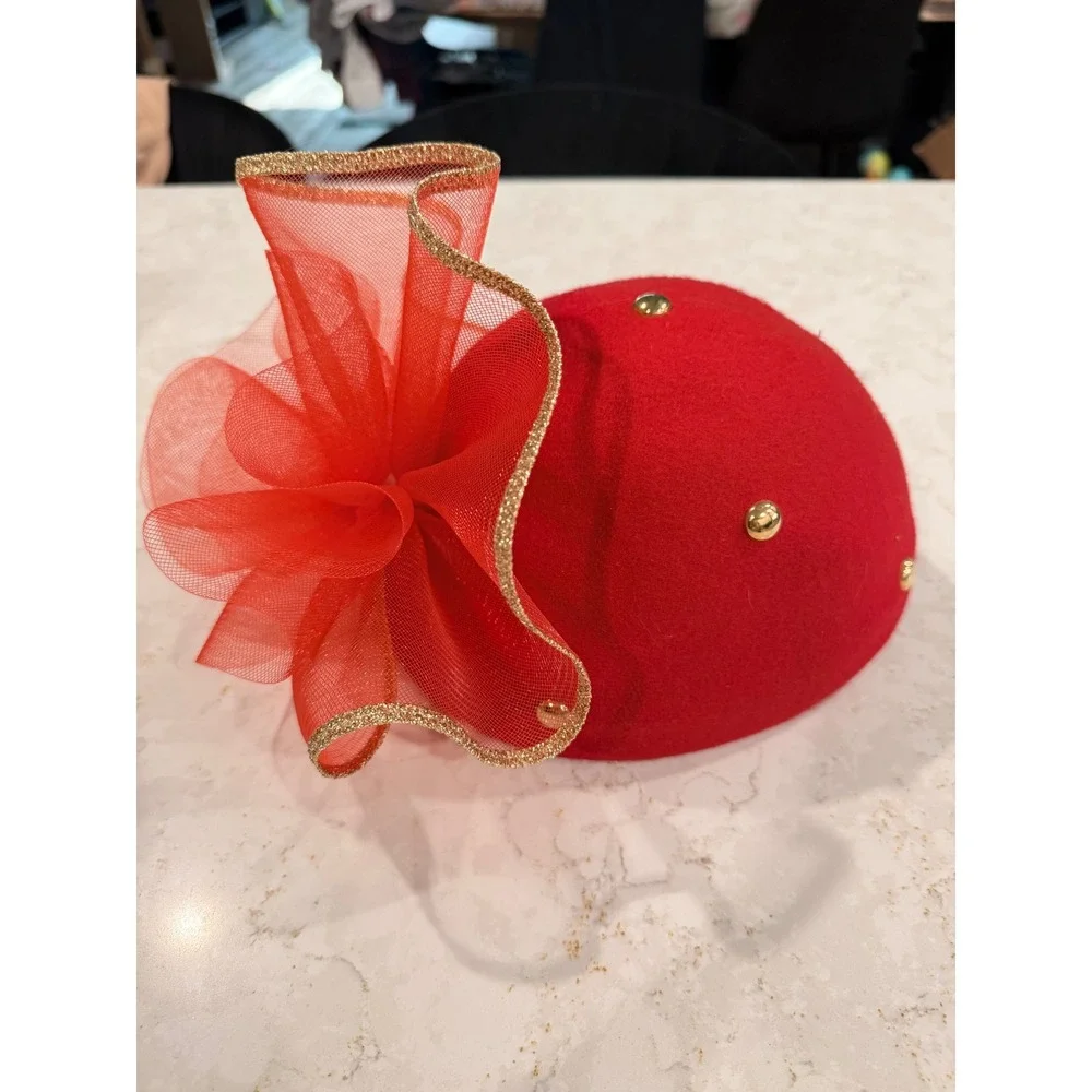 Vintage Red Wool Pillbox Hat Gold‎ Studs Oversized Mesh Bow Holiday Fascinator